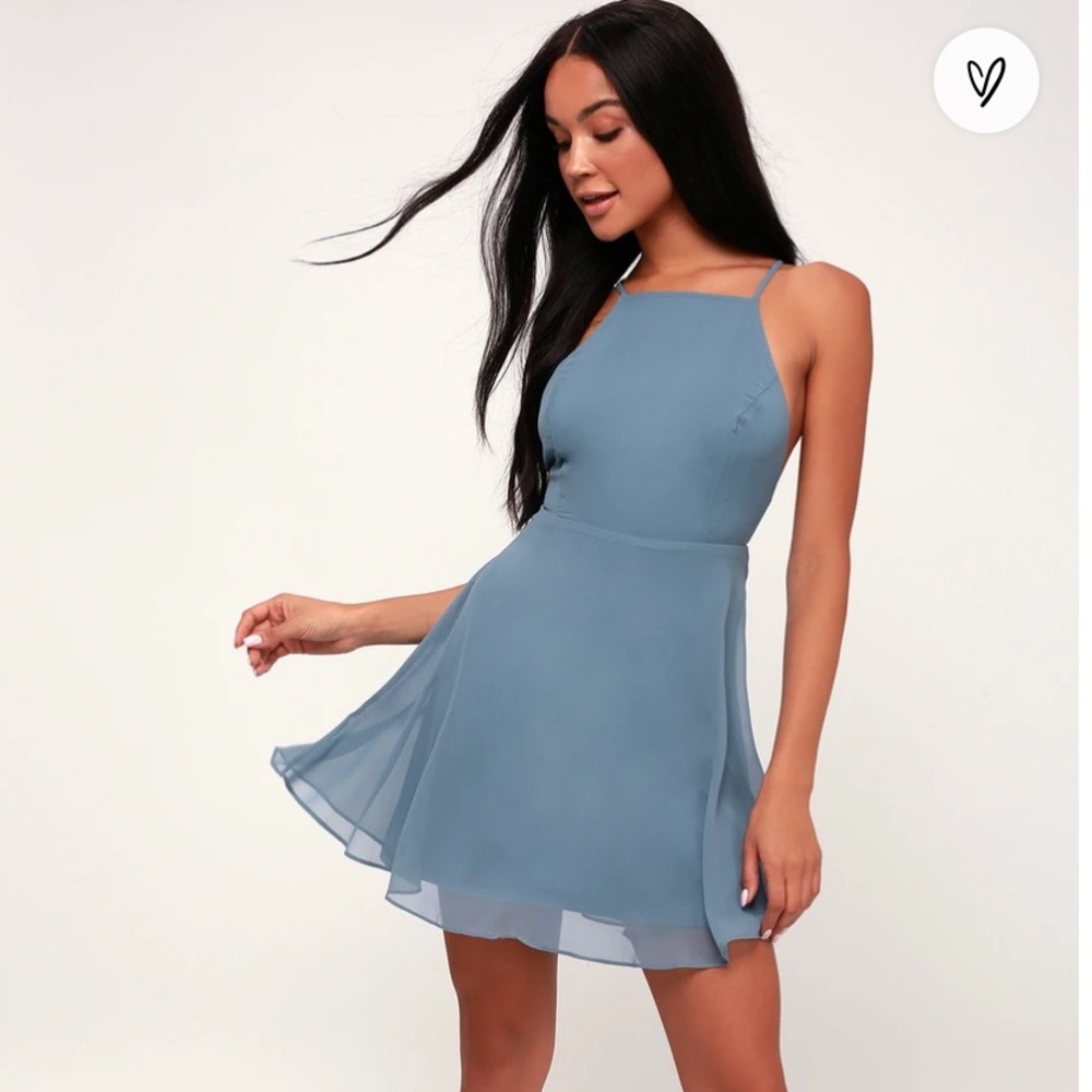 Lulu’s Letter of Love Slate Blue Backless Skater Dress